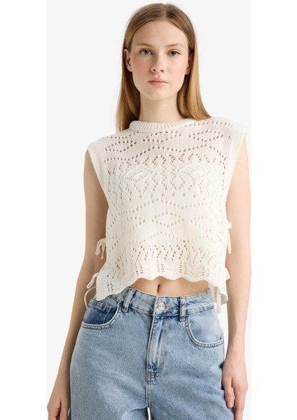 Slim Fit Dar Kesim Bisiklet Yaka Yan Bağcıklı Kroşe Süveter F4008AX25SM