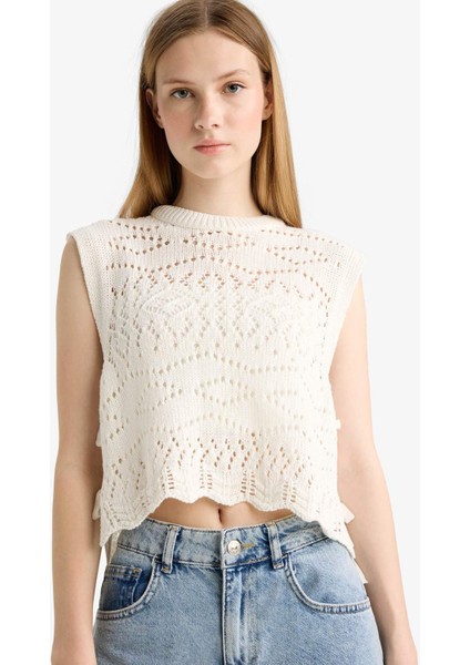 Slim Fit Dar Kesim Bisiklet Yaka Yan Bağcıklı Kroşe Süveter F4008AX25SM