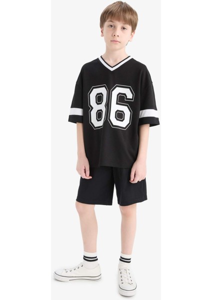 Erkek Çocuk Oversize Geniş Kalıp V Yaka Baskılı Kısa Kollu Tişört F2412A825HS