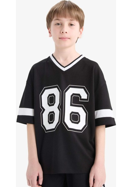 Erkek Çocuk Oversize Geniş Kalıp V Yaka Baskılı Kısa Kollu Tişört F2412A825HS