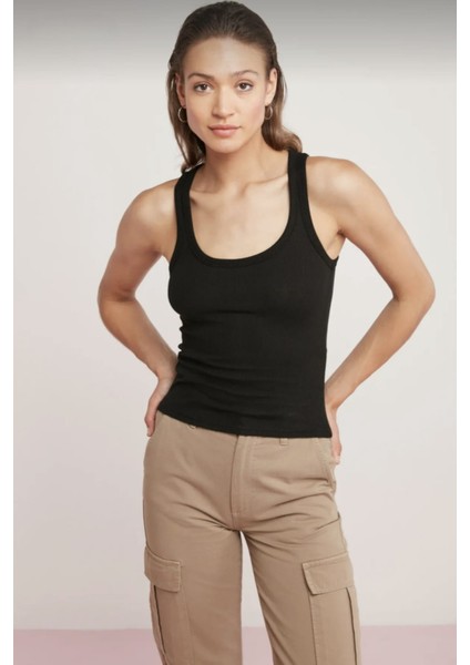 Siyah Kadın Fitilli Görünümlü Kalın Askılı Basic Atlet-Mrs.idealncri modelleri