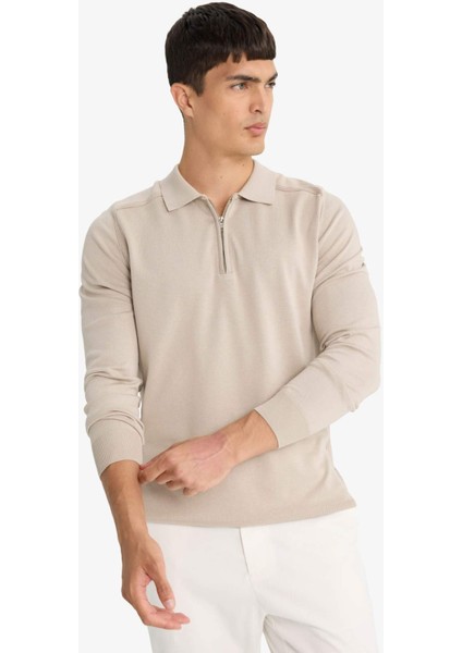 Standart Fit Polo Yaka Yarım Fermuarlı Premium Triko Kazak D0621AX25AU