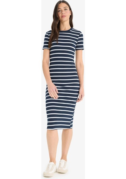 Bodycon Vücudu Saran Bisiklet Yaka Çizgili Fitilli Kaşkorse Kısa Kollu Midi Yazlık Elbise E8988AX25SM