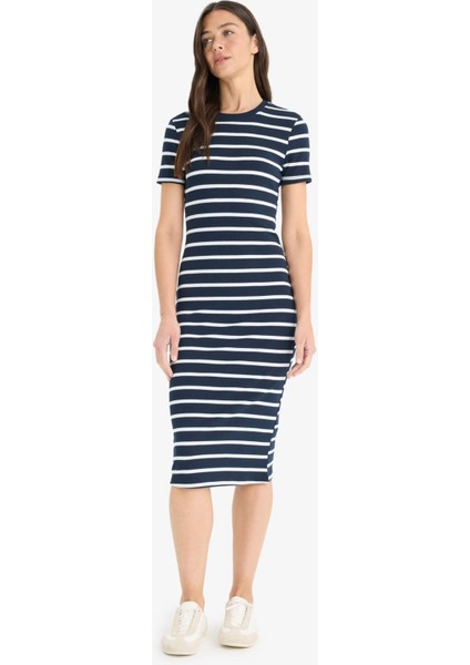 Bodycon Vücudu Saran Bisiklet Yaka Çizgili Fitilli Kaşkorse Kısa Kollu Midi Yazlık Elbise E8988AX25SM