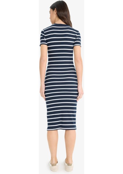 Bodycon Vücudu Saran Bisiklet Yaka Çizgili Fitilli Kaşkorse Kısa Kollu Midi Yazlık Elbise E8988AX25SM