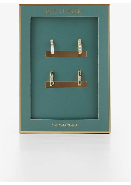 Reis x DeFacto 14 Ayar Altın Kaplama Grada Twin Kadın 2'li Zümrüt Yeşili Taşlı Gold Küpe F4002AXNS