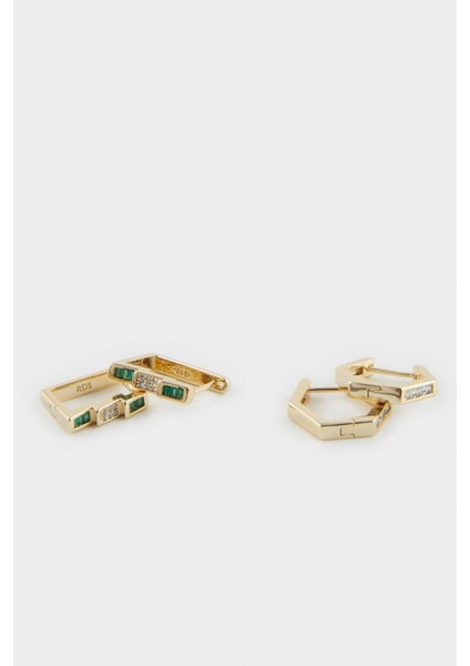 Reis x DeFacto 14 Ayar Altın Kaplama Grada Twin Kadın 2'li Zümrüt Yeşili Taşlı Gold Küpe F4002AXNS