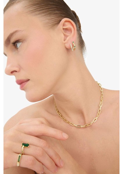 Reis x DeFacto 14 Ayar Altın Kaplama Grada Twin Kadın 2'li Zümrüt Yeşili Taşlı Gold Küpe F4002AXNS