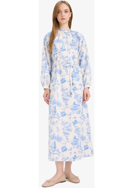 Relax Fit Bisiklet Yaka Çiçekli Poplin Bağcıklı Uzun Kollu Maxi Elbise F4554AX25HS