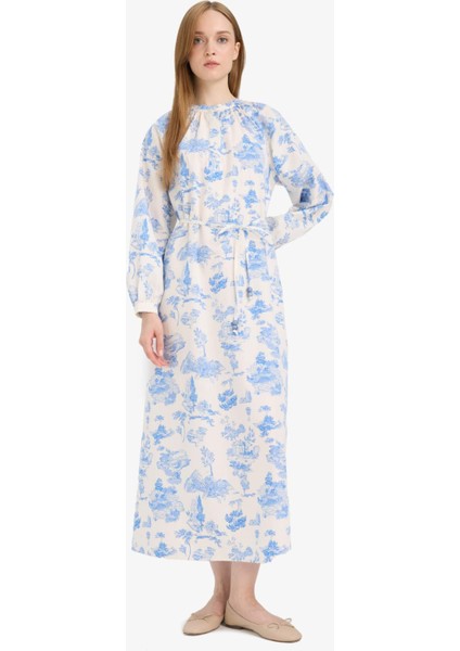 Relax Fit Bisiklet Yaka Çiçekli Poplin Bağcıklı Uzun Kollu Maxi Elbise F4554AX25HS