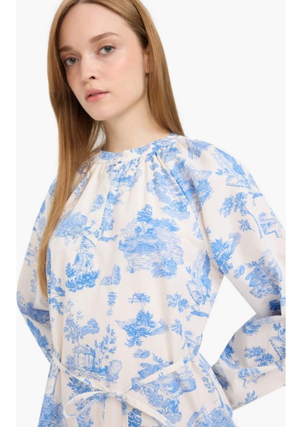 Relax Fit Bisiklet Yaka Çiçekli Poplin Bağcıklı Uzun Kollu Maxi Elbise F4554AX25HS