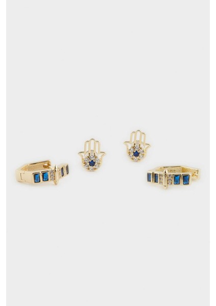 Reis x DeFacto 14 Ayar Altın Kaplama Zaffiro Twin Kadın 2'li Fatma Ana Eli ve Mavi Taşlı Gold Küpe F4000AXNS