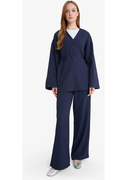 Relax Fit 2'li Takım Gofre Dokulu Uzun Kollu Kimono Pantolon F4095AX25SM