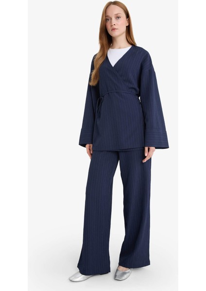 Relax Fit 2'li Takım Gofre Dokulu Uzun Kollu Kimono Pantolon F4095AX25SM