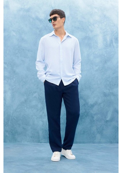 Modern Fit Polo Yaka Çizgili Krinkıl Uzun Kollu Gömlek E9053AX25AU