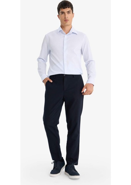 Modern Fit Polo Yaka Çizgili Krinkıl Uzun Kollu Gömlek E9053AX25AU