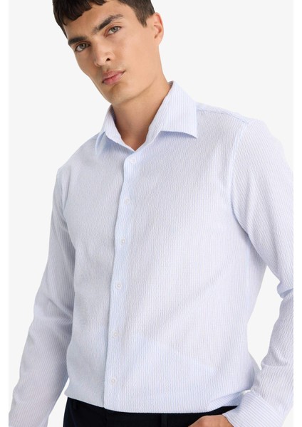 Modern Fit Polo Yaka Çizgili Krinkıl Uzun Kollu Gömlek E9053AX25AU