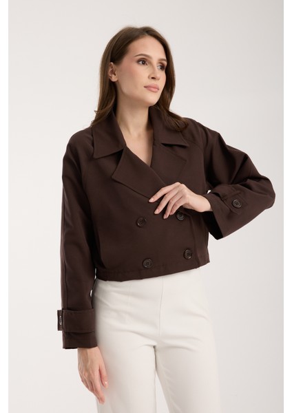Acı Kahve Kruvaze Yaka Crop Trençkot modelleri