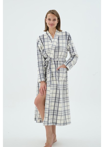 Kadın Ekose Desenli Uzun Kollu Kuşaklı Polar Sabahlık C0T9N271