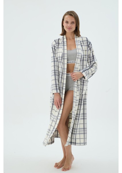 Kadın Ekose Desenli Uzun Kollu Kuşaklı Polar Sabahlık C0T9N271 fiyatları