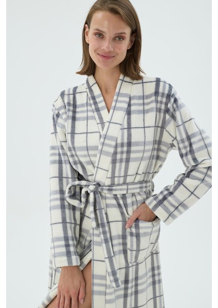 Kadın Ekose Desenli Uzun Kollu Kuşaklı Polar Sabahlık C0T9N271 modelleri