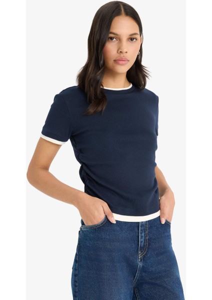 Slim Fit Dar Kesim Bisiklet Yaka Ribana Kısa Kollu Tişört F3504AX25SM