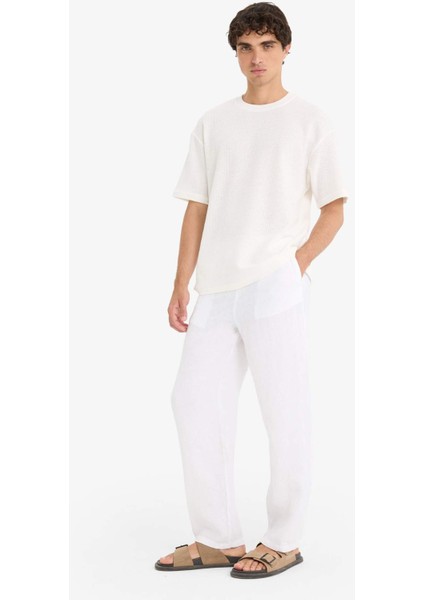 %100 Keten Relax Fit Üç Cepli Geniş Paça Pantolon F4601AX25HS