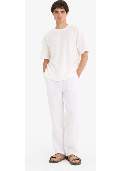 %100 Keten Relax Fit Üç Cepli Geniş Paça Pantolon F4601AX25HS