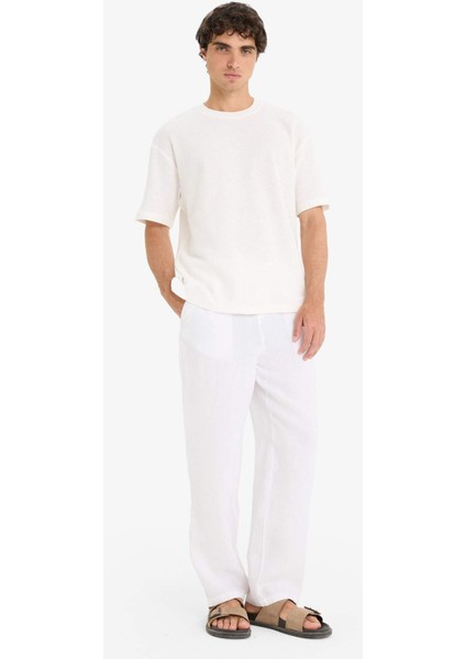 %100 Keten Relax Fit Üç Cepli Geniş Paça Pantolon F4601AX25HS