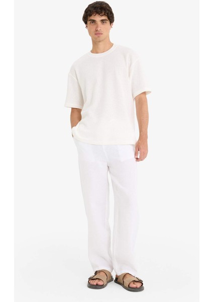 %100 Keten Relax Fit Üç Cepli Geniş Paça Pantolon F4601AX25HS