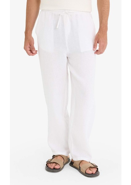 %100 Keten Relax Fit Üç Cepli Geniş Paça Pantolon F4601AX25HS