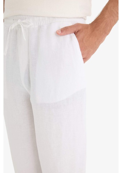 %100 Keten Relax Fit Üç Cepli Geniş Paça Pantolon F4601AX25HS