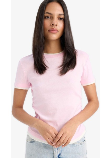 Slim Fit Dar Kesim Bisiklet Yaka Basic Düz Ribana Kısa Kollu Pembe Tişört F3504AX25SM