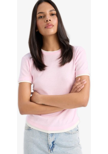 Slim Fit Dar Kesim Bisiklet Yaka Basic Düz Ribana Kısa Kollu Pembe Tişört F3504AX25SM