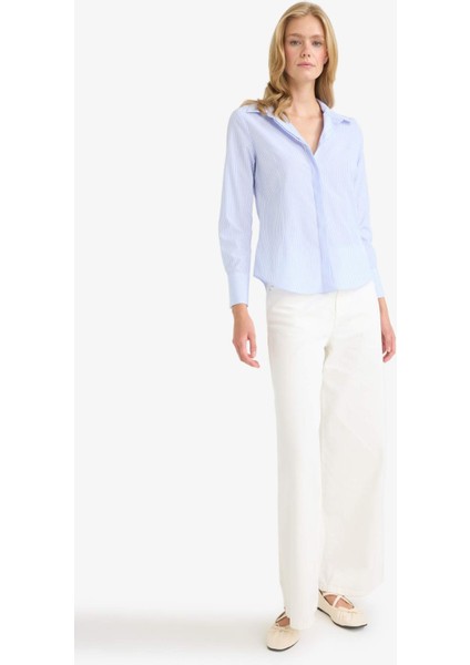 Fitted Çizgili Poplin Uzun Kollu Gömlek D3172AX25WN