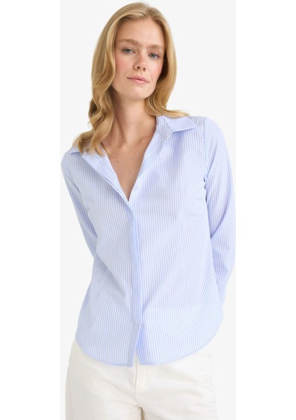 Fitted Çizgili Poplin Uzun Kollu Gömlek D3172AX25WN