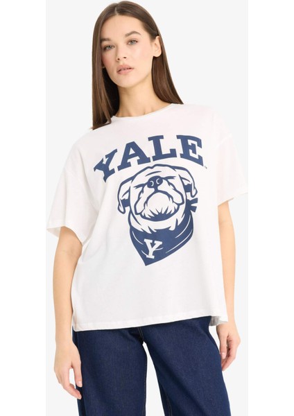 Yale University Oversize Geniş Kalıp Bisiklet Yaka Baskılı Kısa Kollu Tişört F4763AX25SM