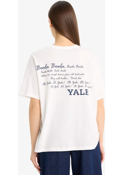 Yale University Oversize Geniş Kalıp Bisiklet Yaka Baskılı Kısa Kollu Tişört F4763AX25SM