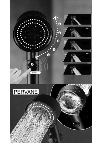 5 Fonksiyonlu Turbo Jet Pervaneli Siyah Duş Başlığı, Yüksek Performans ve Tasarruf