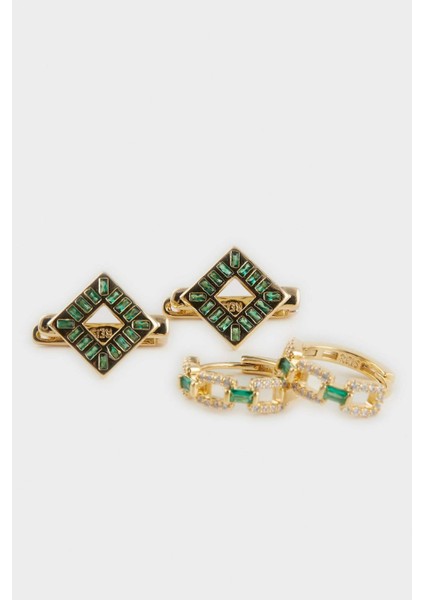 Reis x DeFacto 14 Ayar Altın Kaplama Mosaic Green Kadın 2'li Zümrüt Yeşili Taşlı Gold Küpe F4004AXNS