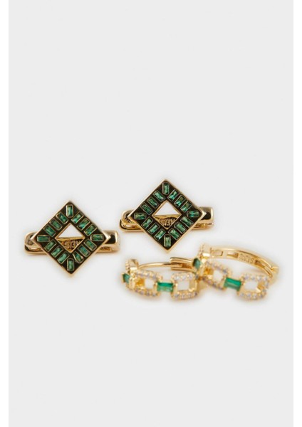 Reis x DeFacto 14 Ayar Altın Kaplama Mosaic Green Kadın 2'li Zümrüt Yeşili Taşlı Gold Küpe F4004AXNS