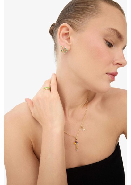 Reis x DeFacto 14 Ayar Altın Kaplama Mosaic Green Kadın 2'li Zümrüt Yeşili Taşlı Gold Küpe F4004AXNS