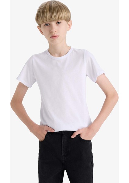 Erkek Çocuk Bisiklet Yaka Basic Düz Beyaz Tişört F4346A825SP