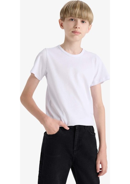 Erkek Çocuk Bisiklet Yaka Basic Düz Beyaz Tişört F4346A825SP