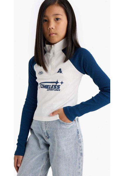 Kız Çocuk Fitted Dik Yaka Fermuarlı Baskılı Fitilli Kaşkorse Uzun Kollu Tişört E9654A825AU