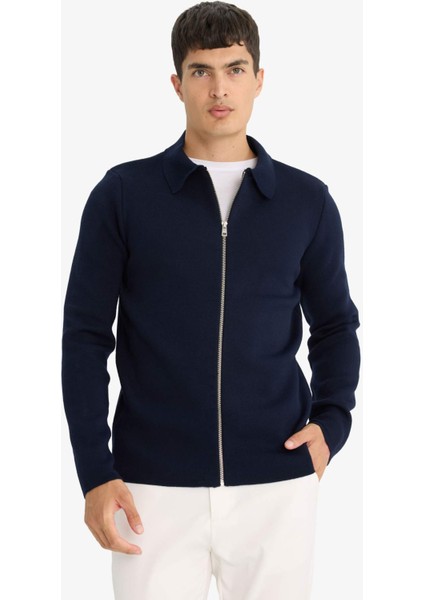 Standart Fit Polo Yaka Basic Düz Fermuarlı Triko Hırka D3592AX25WN