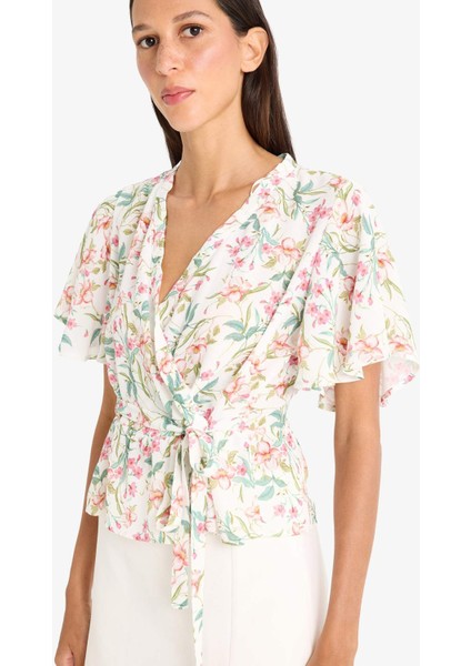 Fitted V Yaka Çiçek Desenli Bağlamalı Maroken Kısa Kollu Bluz F4882AX25SM