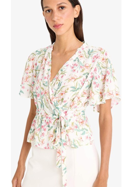 Fitted V Yaka Çiçek Desenli Bağlamalı Maroken Kısa Kollu Bluz F4882AX25SM