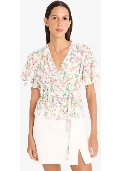 Fitted V Yaka Çiçek Desenli Bağlamalı Maroken Kısa Kollu Bluz F4882AX25SM