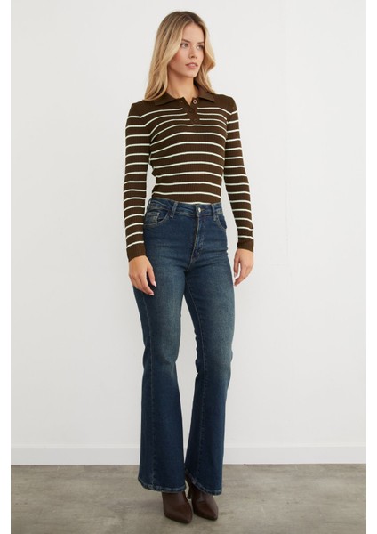 Çizgili Polo Yaka Yarım Düğmeli Triko Kazak fiyatları